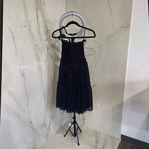 Aqua Navy Smocked Bodice Sleeveless Dress